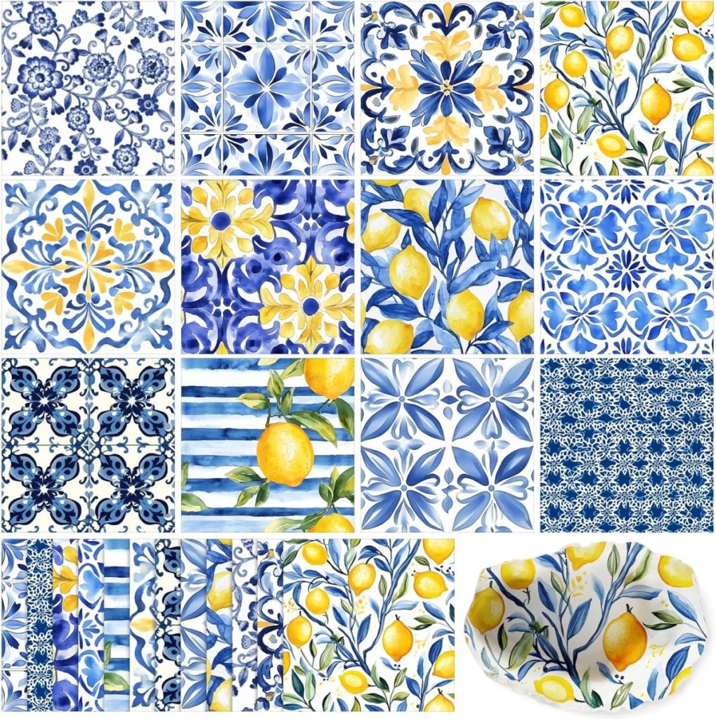 A collection of square tiles with blue and white floral patterns, some featuring yellow lemons, and a matching bowl with similar lemon and floral designs.