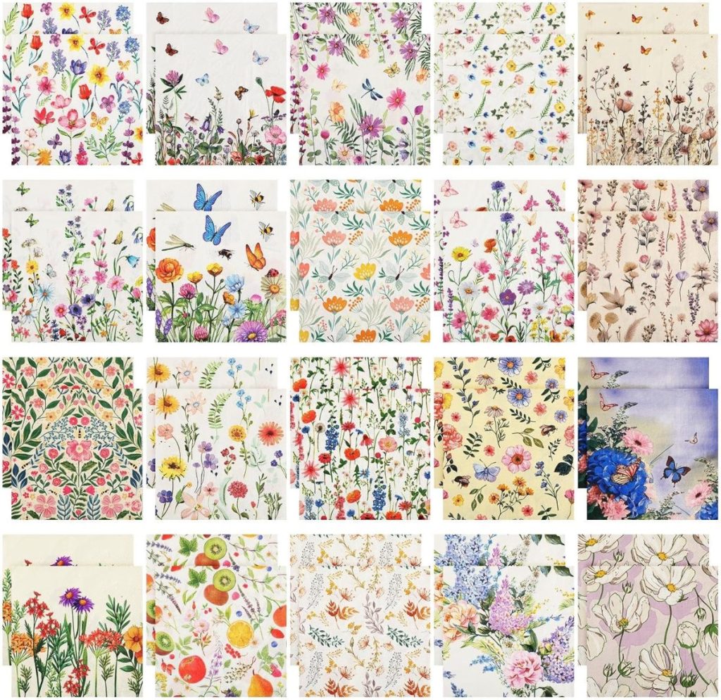 A grid of 25 different patterned papers, each featuring colorful floral and botanical designs, with some including butterflies and birds.