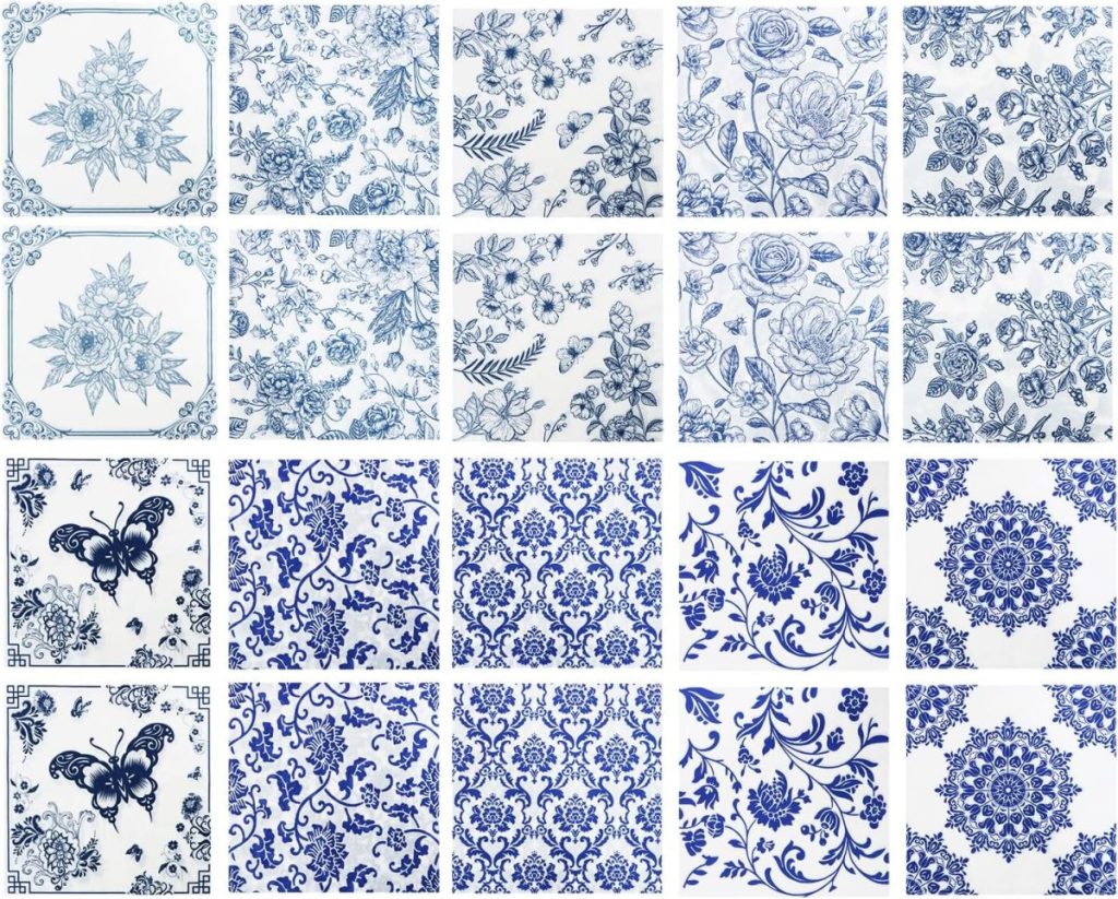A grid of sixteen blue and white ceramic tiles featuring floral, butterfly, and ornamental patterns in a variety of intricate designs.