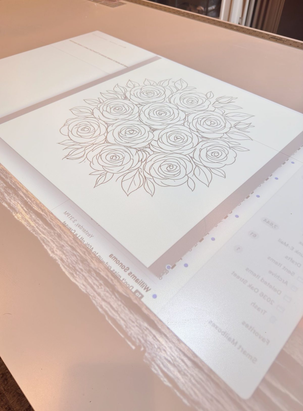A digital drawing of a bouquet of roses is projected onto a flat surface, showing detailed outlines of flowers and leaves.