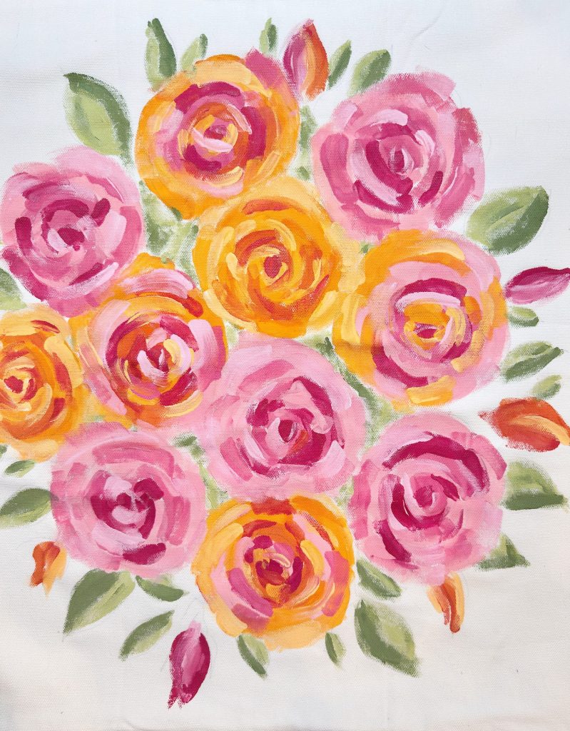 A painting of a bouquet featuring pink and yellow roses with green leaves and a few red rosebuds on a white background.