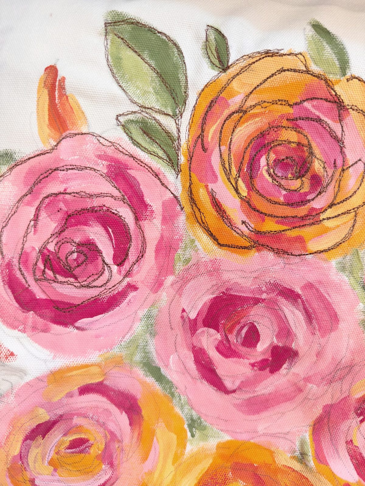A watercolor painting of pink and orange roses with green leaves on a white background. Black lines outline the flower shapes.