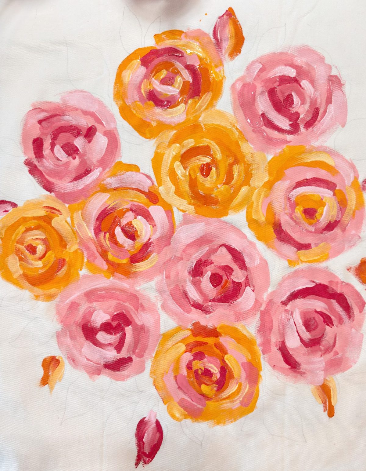 A cluster of abstract roses painted in shades of pink, orange, and yellow on a white background.