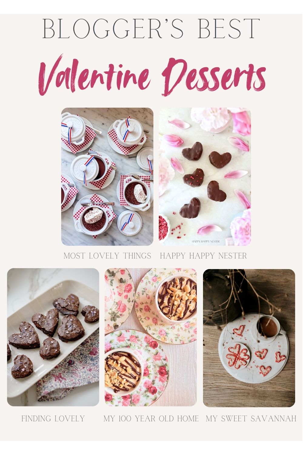 A collage of five Valentine-themed desserts arranged on plates and trays, each labeled with a blog name, under the title "Blogger&rsquo;s Best Valentine Desserts.