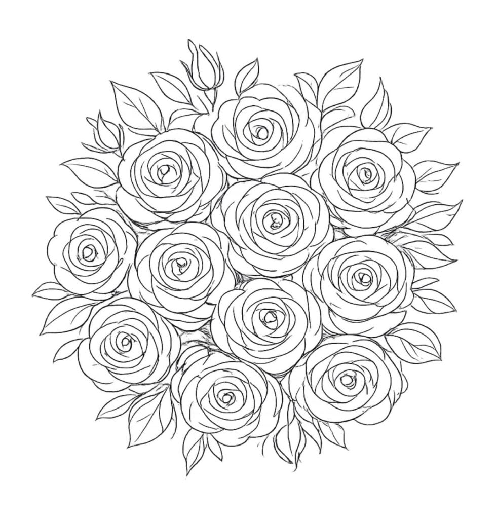 Black and white line drawing of a circular bouquet featuring fully bloomed roses and several leaves.
