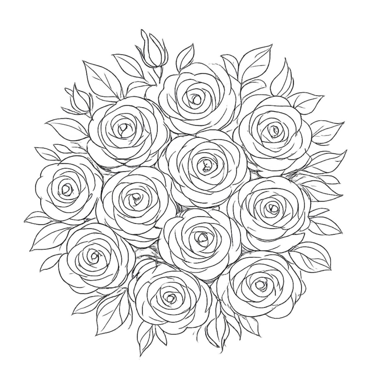Black and white line drawing of a circular bouquet featuring fully bloomed roses and several leaves.