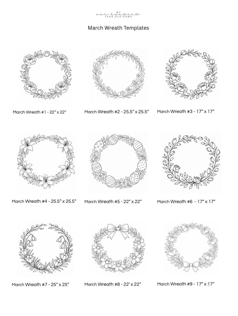A grid of nine black and white March window wreath templates, each with unique floral, foliage, or festive designs, labeled with their respective names and dimensions.