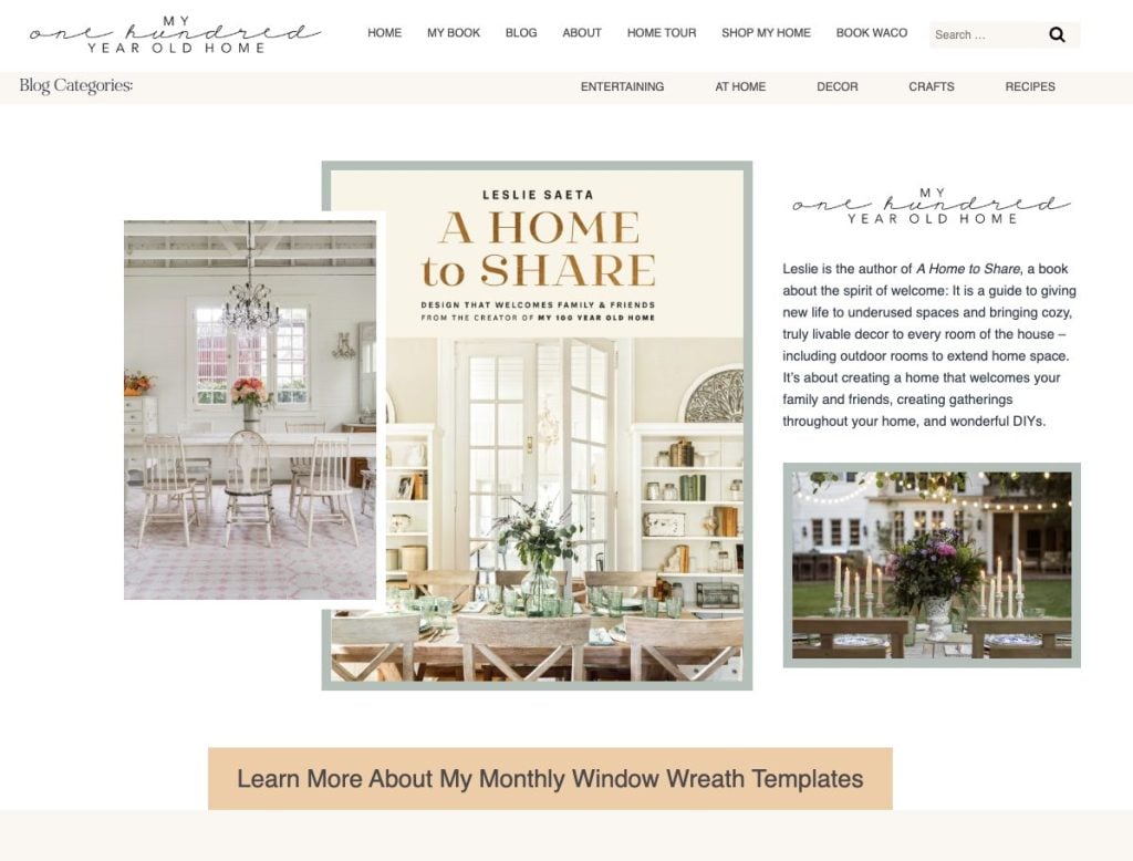 Screenshot of a blog homepage featuring a book titled "A Home to Share," interior d&eacute;cor images, a brief author bio, and navigation menu options at the top.