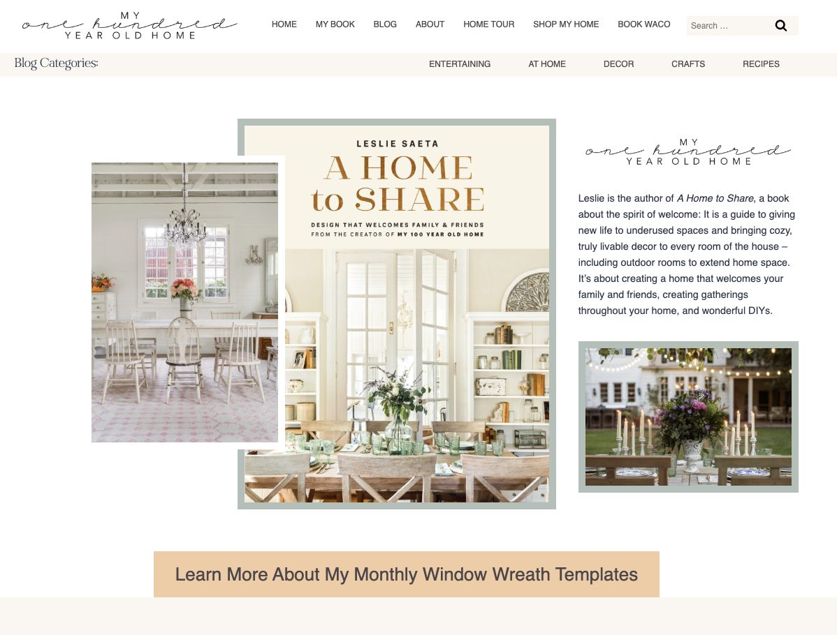 Screenshot of a blog homepage featuring a book titled "A Home to Share," interior décor images, a brief author bio, and navigation menu options at the top.