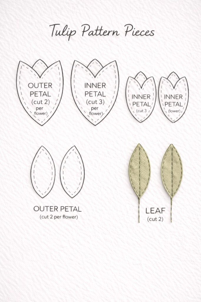 Template with labeled tulip pattern pieces, including outer petals, inner petals, and leaves, showing how many of each piece to cut for crafting a fabric flower.