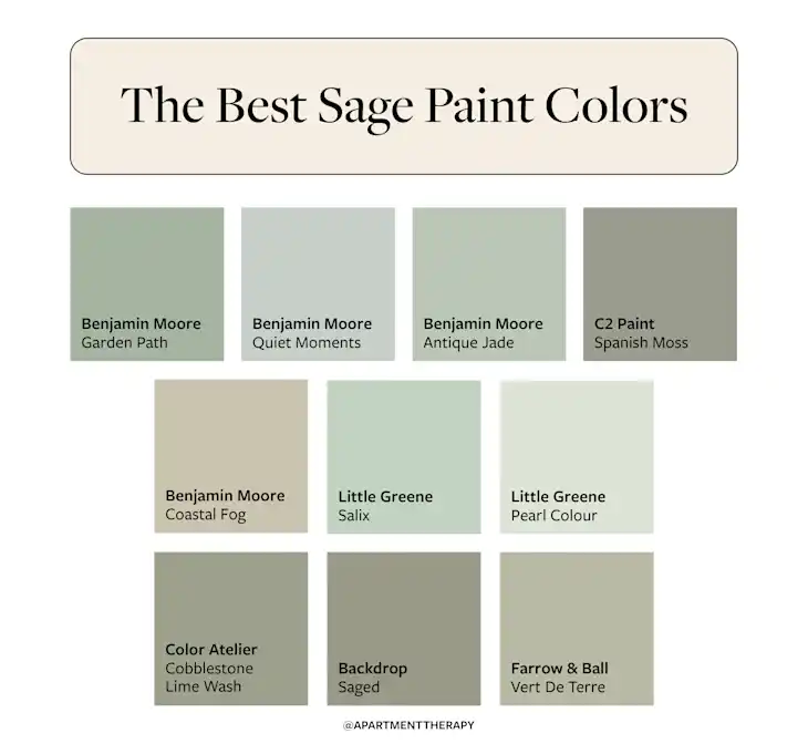 A chart displays nine sage paint color swatches from brands like Benjamin Moore, C2 Paint, Little Greene, Color Atelier, Backdrop, and Farrow & Ball, labeled with their specific names.