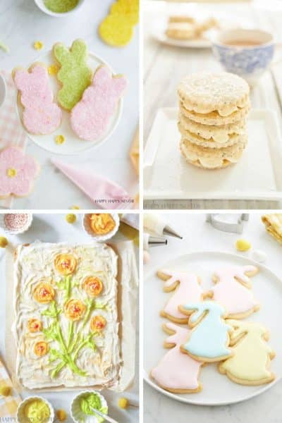 Four images: pastel bunny-shaped cookies, a stack of round sugar cookies, a frosted sheet cake with flower designs, and pastel angel-shaped cookies on a white plate.