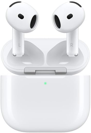 A pair of white wireless earbuds labeled L and R sit in an open charging case with a green indicator light on the front&mdash;perfect for grabbing during the Amazon Big Spring Sale.
