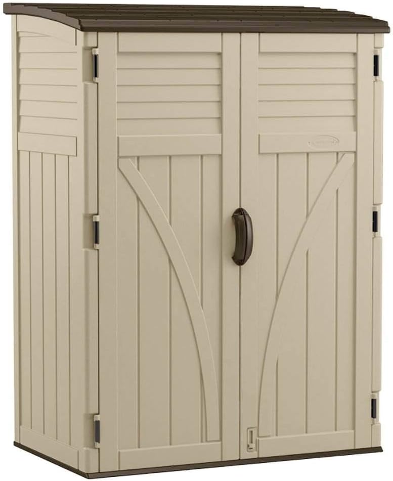 Beige vertical outdoor storage shed with double doors, a curved handle, horizontal panel detailing, and a slightly sloped dark brown roof&mdash;perfect for organizing your space during the Amazon Big Spring Sale.