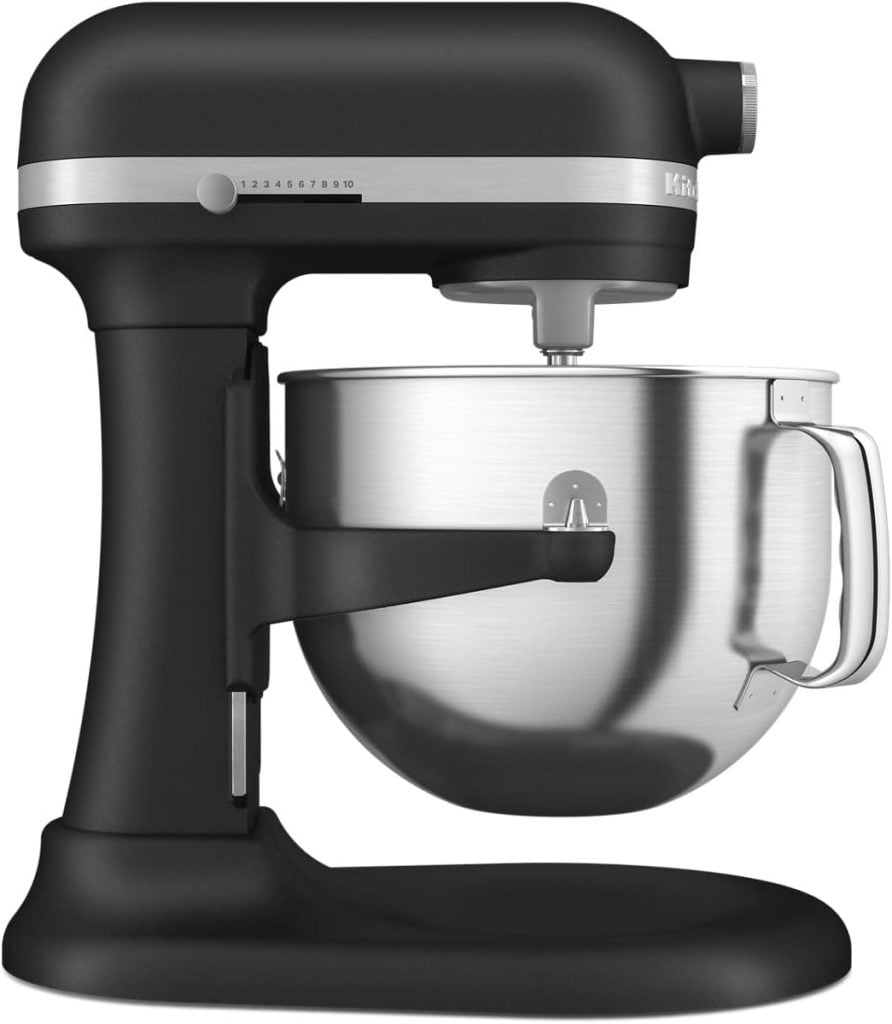 Sleek black stand mixer with a stainless steel mixing bowl, shown in profile on a plain background&mdash;perfect for upgrading your kitchen during the Amazon Big Spring Sale.