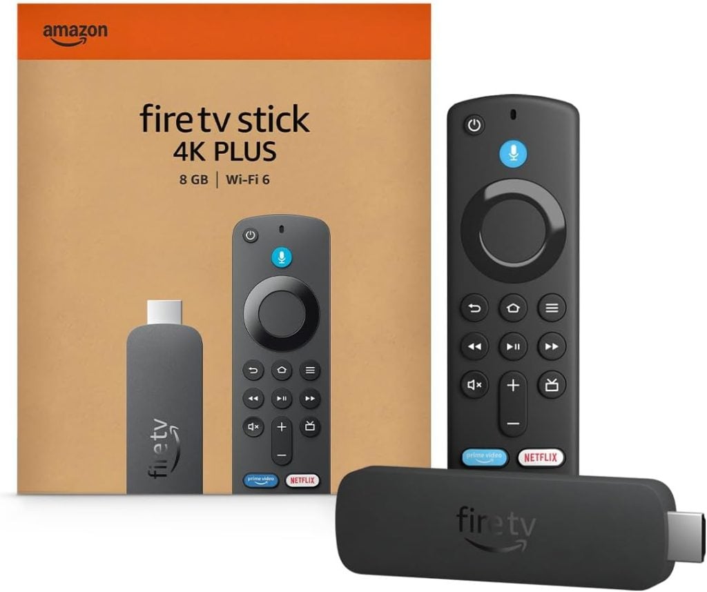 Amazon Fire TV Stick 4K Plus with voice remote, shown with packaging, remote control, and streaming device&mdash;available now during the Amazon Big Spring Sale.