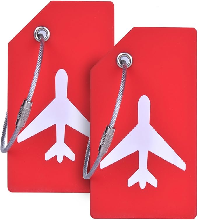 Two red luggage tags with white airplane silhouettes and metal loop fasteners&mdash;perfect for spotting your bag at the airport. Available now during the Amazon Big Spring Sale.
