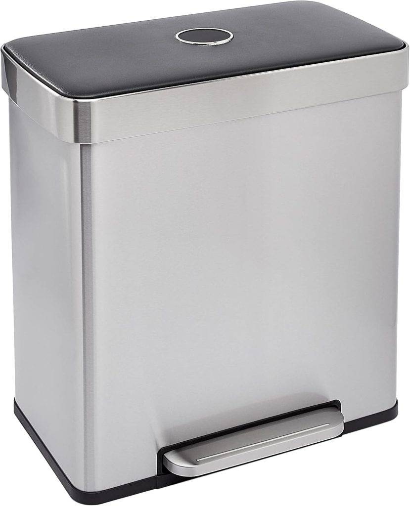 A rectangular stainless steel trash can with a black lid and a foot pedal at the base for hands-free opening&mdash;perfect to grab during the Amazon Big Spring Sale.