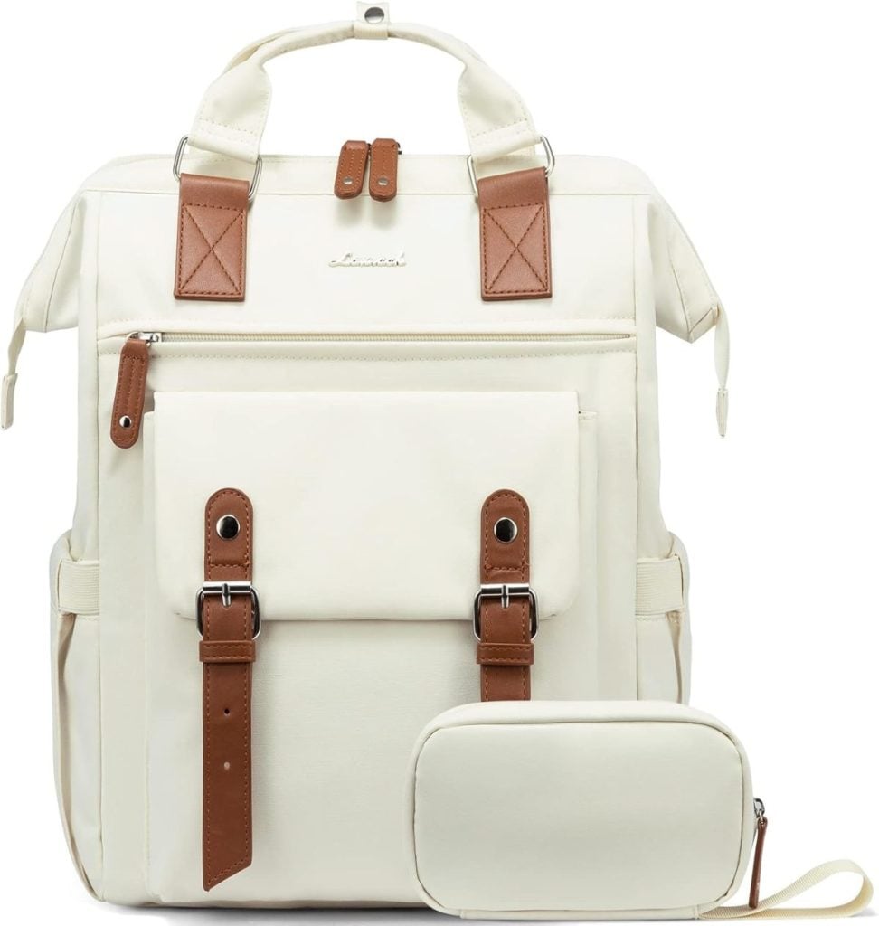 A cream-colored backpack with brown buckle accents, front pocket, and matching detachable pouch, perfect for everyday use&mdash;available now during the Amazon Big Spring Sale. Displayed against a white background.