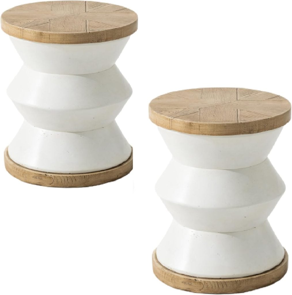 Two white hourglass-shaped stools with light wood tops and bases, placed side by side against a plain background&mdash;perfect pieces to refresh your space during the Amazon Big Spring Sale.