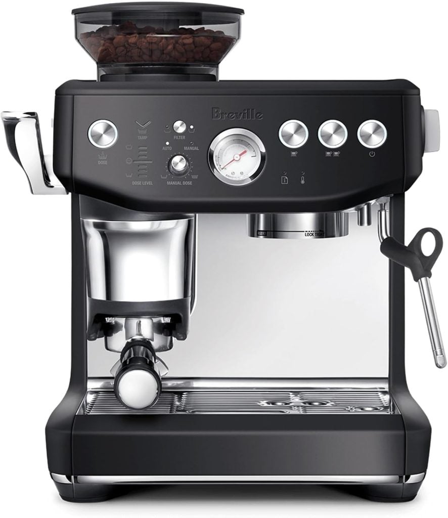 A black Breville espresso machine with a built-in grinder, steam wand, pressure gauge, and control buttons is shown on a white background&mdash;perfect for upgrading your coffee setup during the Amazon Big Spring Sale.