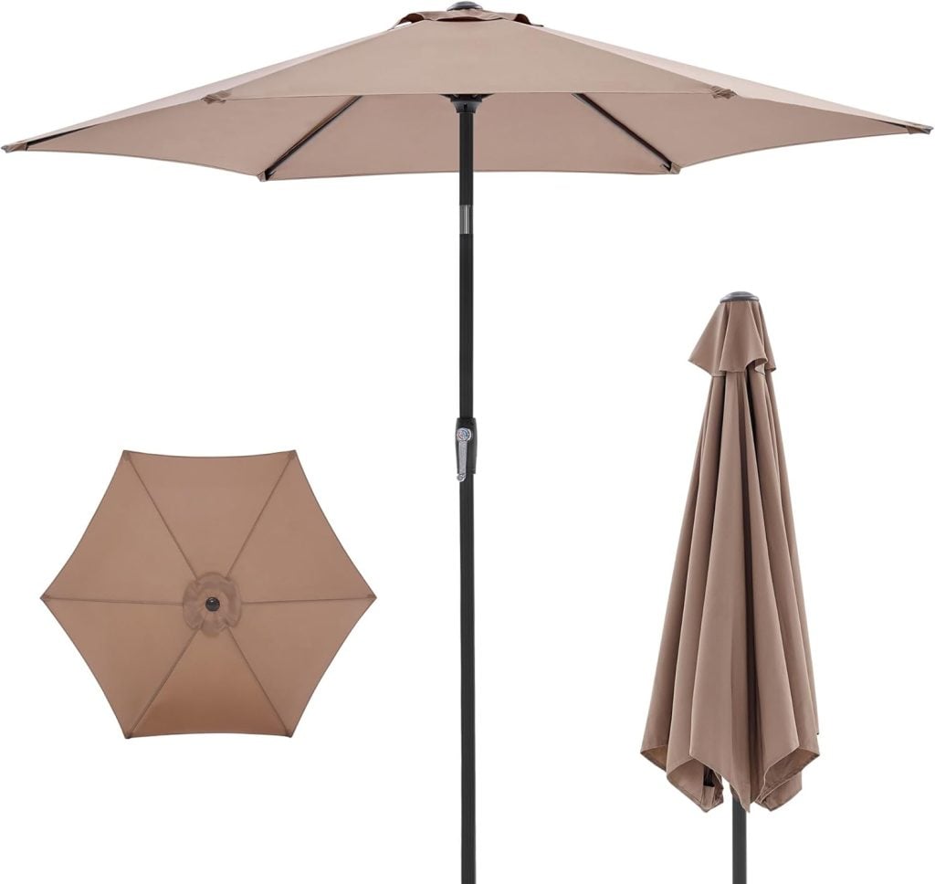 Tan patio umbrella shown open, closed, and viewed from above; features a central pole and a crank handle for easy opening and closing&mdash;perfect for upgrading your outdoor space during the Amazon Big Spring Sale.