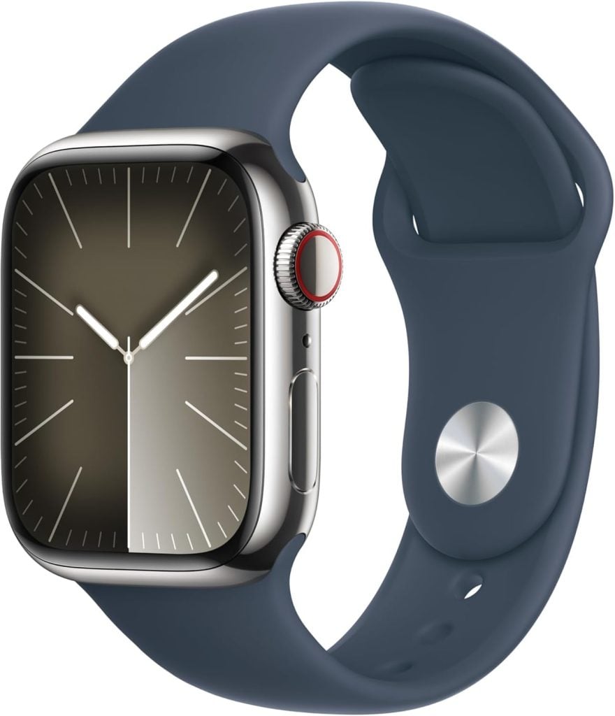 A modern smartwatch with a dark screen displaying an analog clock face, silver case, and a dark blue silicone wristband&mdash;perfect to grab during the Amazon Big Spring Sale.