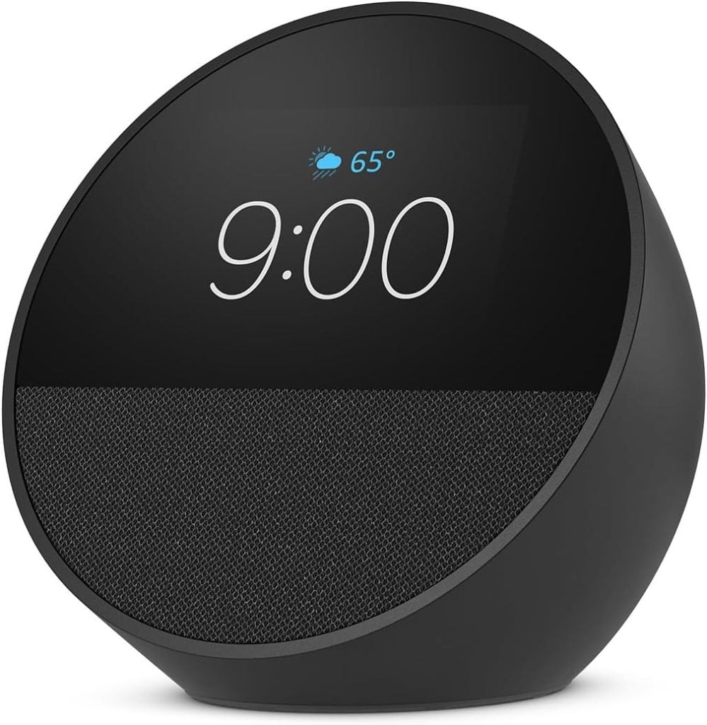 A black smart speaker with a circular screen displays the time 9:00, weather icon, and temperature of 65&deg;F&mdash;perfect for upgrading your home during the Amazon Big Spring Sale.