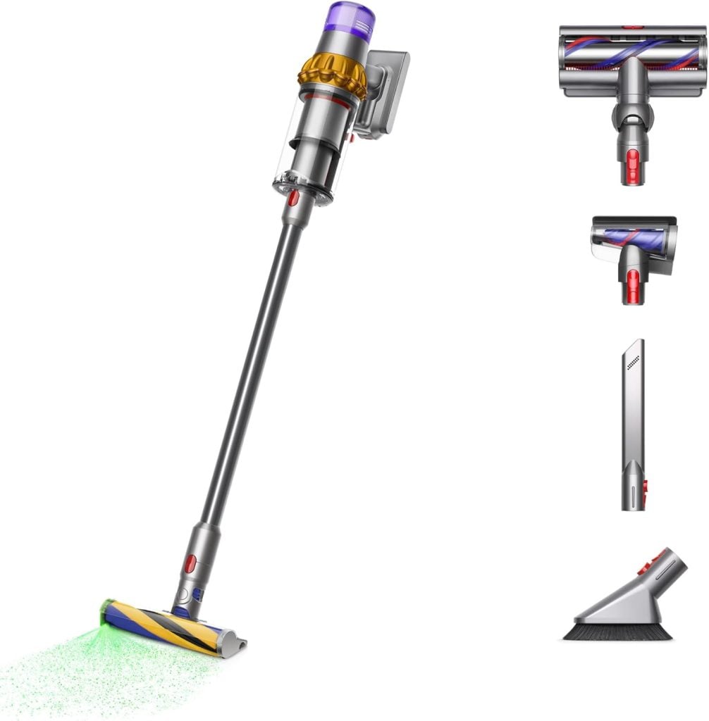 Cordless stick vacuum cleaner with gold and purple accents, shown with four detachable cleaning heads for various surfaces&mdash;perfect for upgrading your home during the Amazon Big Spring Sale.