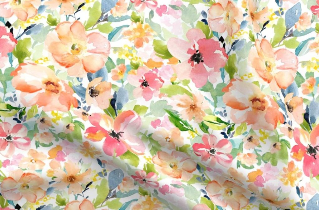 A colorful, watercolor-style floral pattern featuring various orange, pink, and yellow flowers with green leaves on a white background.