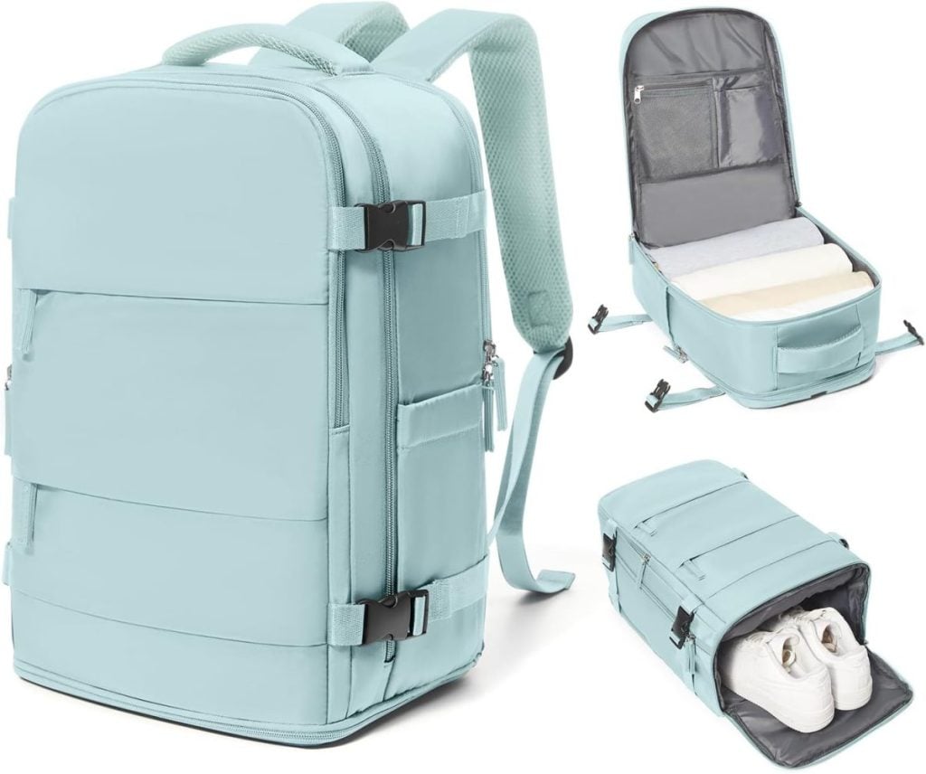 Light blue travel backpack with adjustable straps, shown closed, open with folded clothes, and open lower compartment holding a pair of white shoes. Perfect for your next getaway&mdash;discover deals like this during the Amazon Big Spring Sale!.