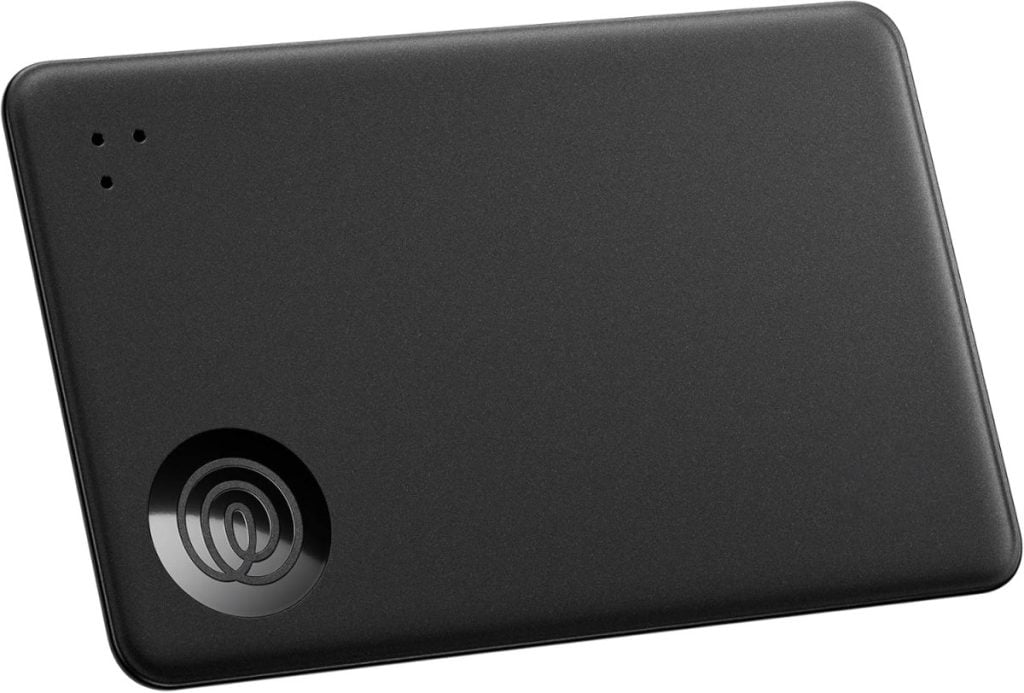 A black, rectangular electronic device with rounded edges, featuring a circular logo and two small indicator holes in one corner&mdash;perfect for grabbing during the Amazon Big Spring Sale.