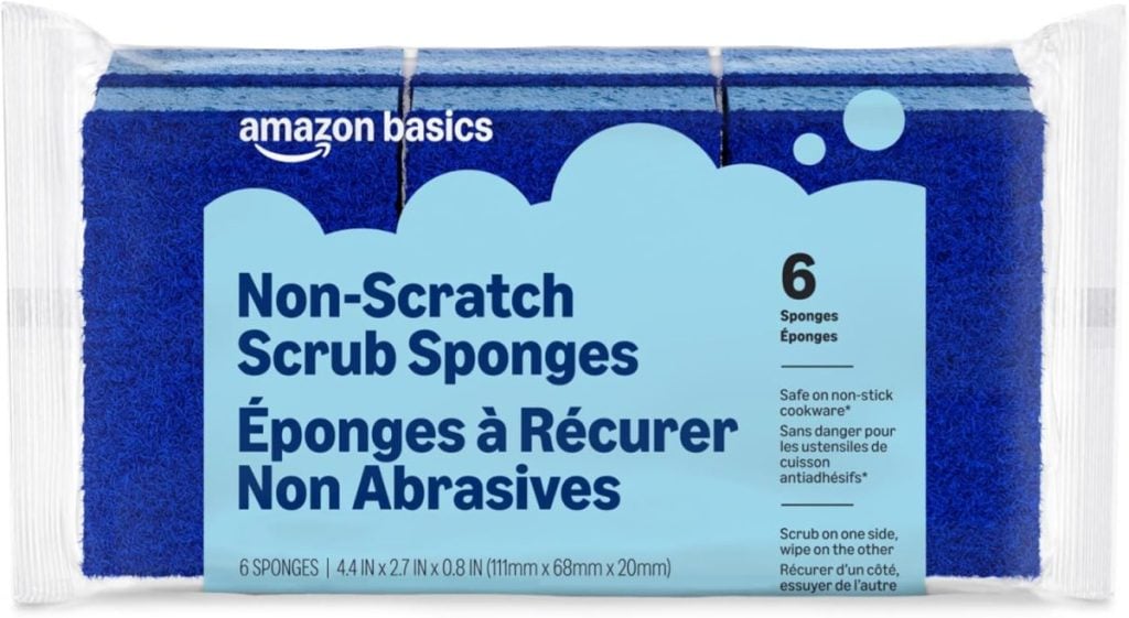 Package of Amazon Basics Non-Scratch Scrub Sponges, 6 count, blue color&mdash;safe for non-stick cookware and non-abrasive. Great for cleaning dishes or refreshing surfaces, including window wreaths.