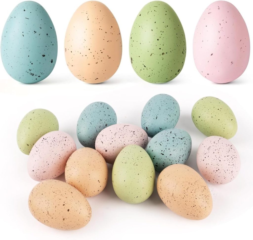 A collection of pastel-colored, speckled eggs in blue, peach, green, and pink, arranged in two rows against a white background.