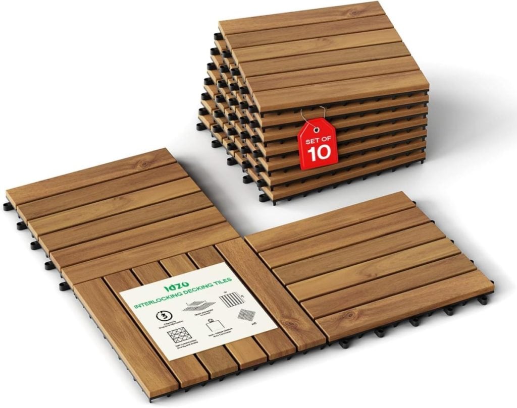 Stack of interlocking wooden decking tiles, labeled as a set of 10, with two tiles laid flat to display surface and packaging details&mdash;perfect for sprucing up your space during the Amazon Big Spring Sale.