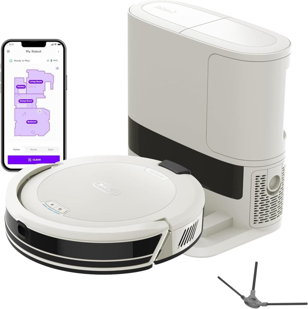 White robot vacuum with charging and self-empty base, a smartphone displaying its cleaning map, and a detachable side brush accessory&mdash;perfect for upgrading your home during the Amazon Big Spring Sale.