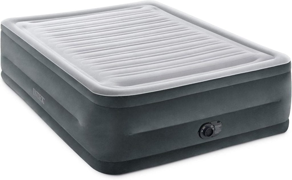 A gray and white inflatable air mattress with a built-in electric pump and horizontal grooves on the surface&mdash;perfect for snagging during the Amazon Big Spring Sale.