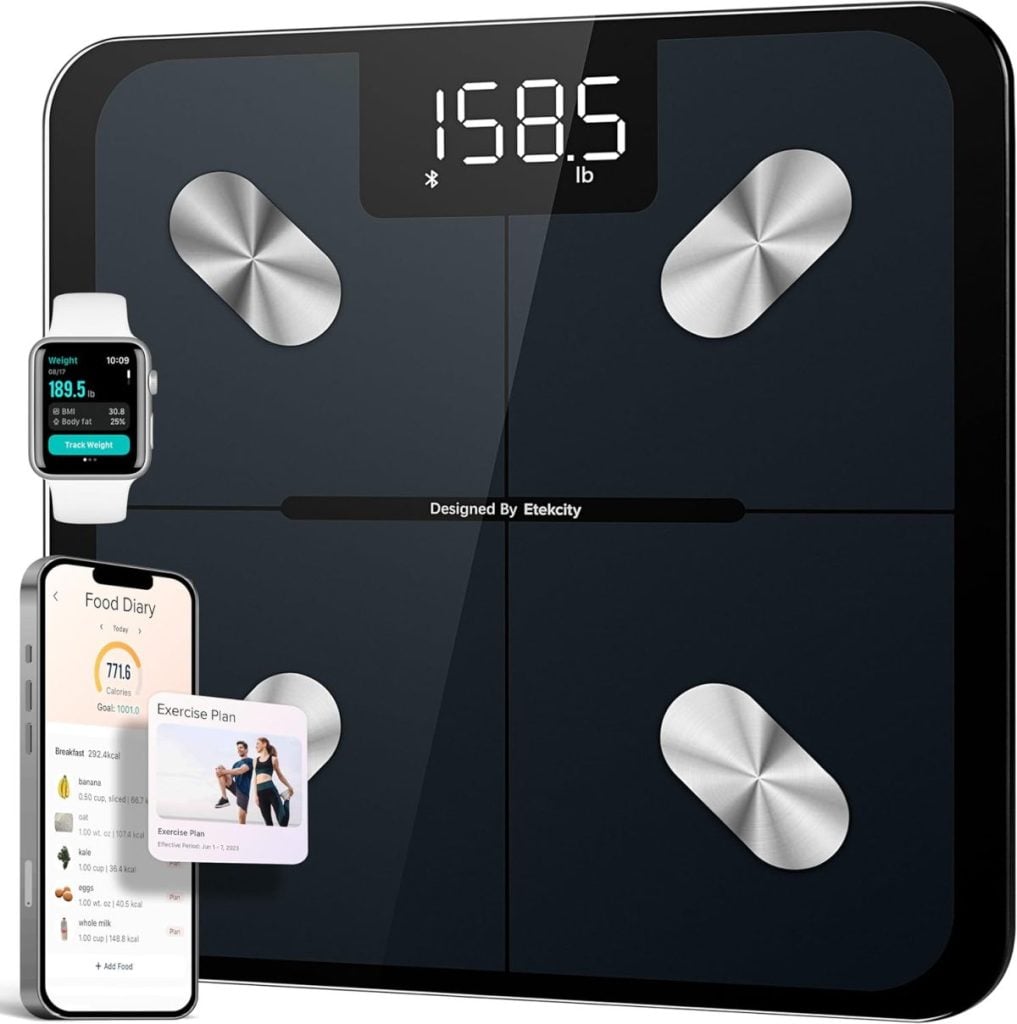 Digital smart scale showing 158.5 lb on display, with smartphone and smartwatch nearby displaying weight, food diary, and exercise plan app interfaces&mdash;perfect for your wellness goals during the Amazon Big Spring Sale.