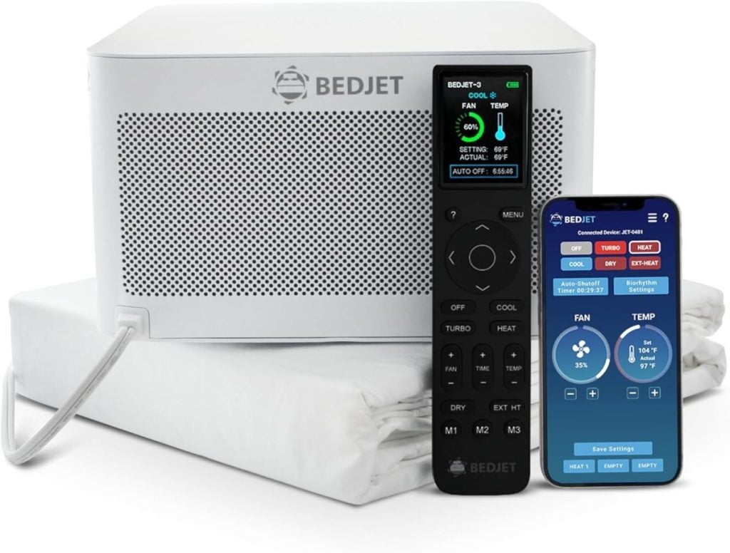 BedJet climate control system with main unit, remote control, smartphone app displaying controls, and connected bed sheet&mdash;perfect for creating your inspired home comfort experience.