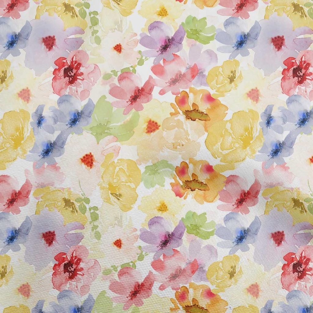 A watercolor-style pattern featuring red, yellow, blue, and purple flowers with green leaves on a white background.