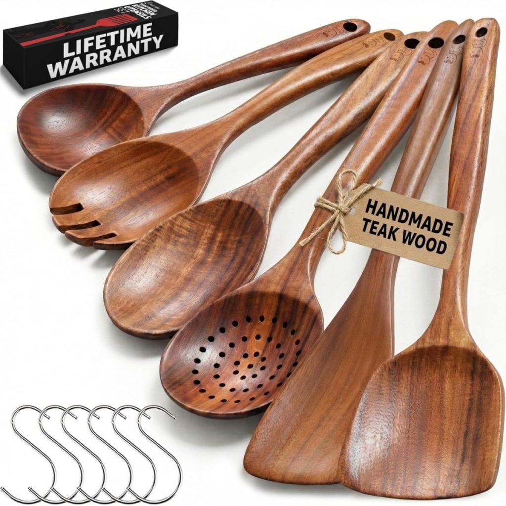 Set of six handmade teak wood kitchen utensils, including spoons and spatulas, with five metal S-hooks and a "Lifetime Warranty" box&mdash;perfect for upgrading your kitchen during the Amazon Big Spring Sale.