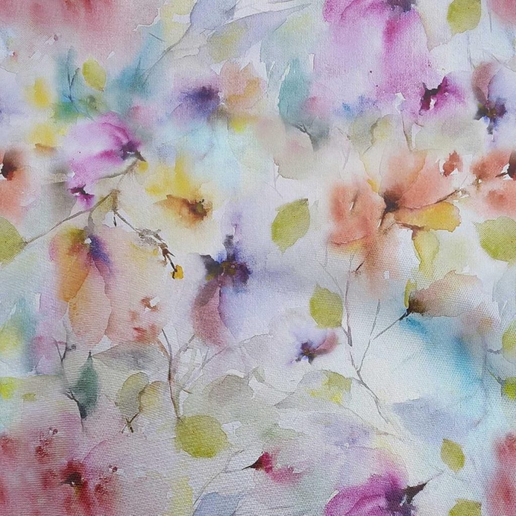 Watercolor painting of abstract pastel flowers and leaves in soft shades of pink, purple, yellow, and green on a light background.