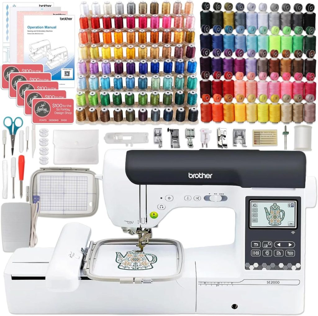 Brother SE2000 sewing and embroidery machine set, shown with loaded embroidery design, various thread spools, bobbins, presser feet, tools, instruction manual, and accessories.