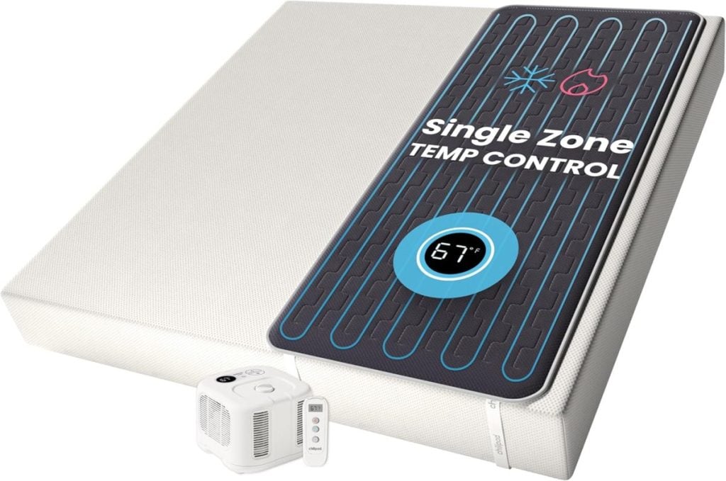 An inspired home essential, this mattress features a single zone temperature control system, digital display showing 67&deg;F, and a connected control unit with remote.