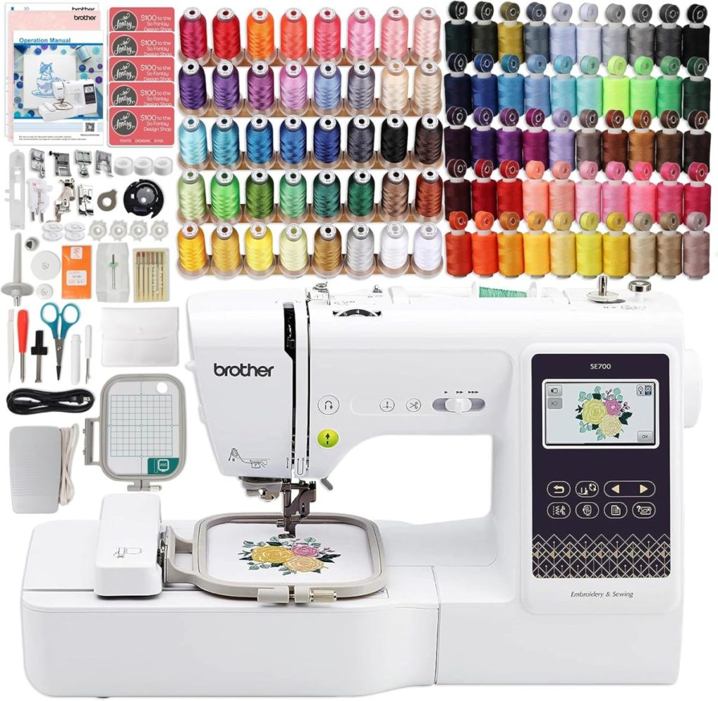 Brother sewing and embroidery machine with a digital display, surrounded by colorful thread spools, bobbins, scissors, needles, and various sewing accessories.