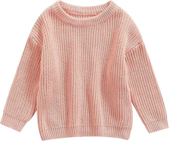 Light pink knitted sweater with a round neckline and long sleeves, displayed flat on a white background.