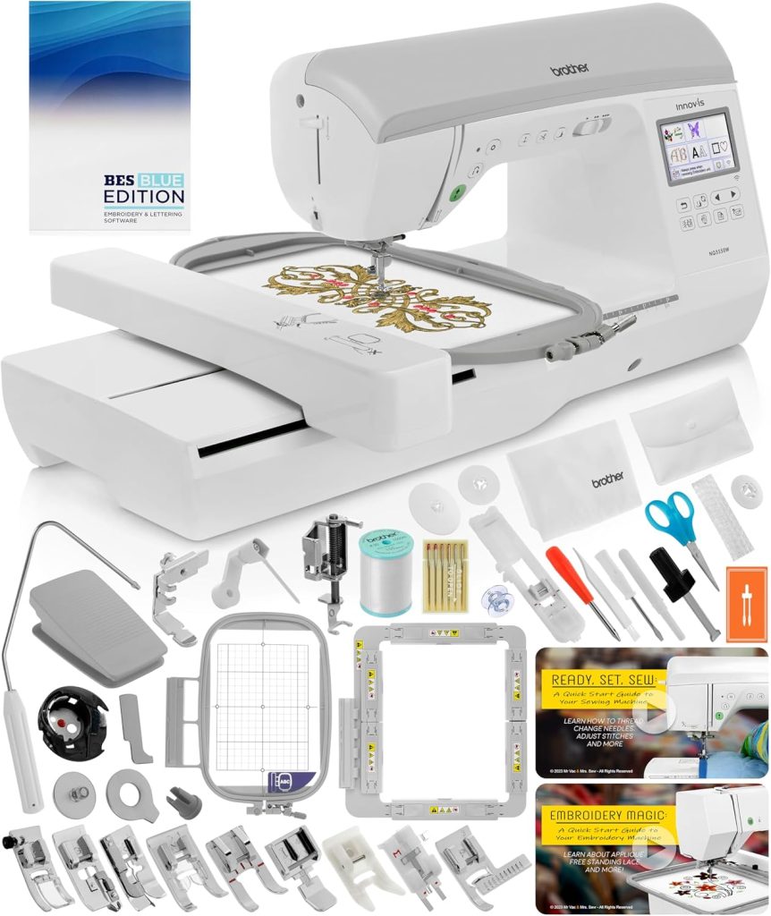 Brother embroidery and sewing machine with digital display, surrounded by various accessories, attachments, a pink bow, thread, software, and instruction materials arranged neatly around it.