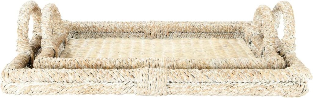 Rectangular woven seagrass tray with raised edges and two loop handles on either side, perfect for serving or organizing, featured as part of the Amazon Big Spring Sale. Displayed on a white background.