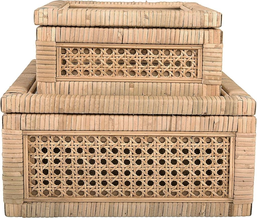 Two stacked rectangular wicker baskets with geometric lattice patterns and solid woven borders, in light natural wood color&mdash;perfect for organizing your space during the Amazon Big Spring Sale.