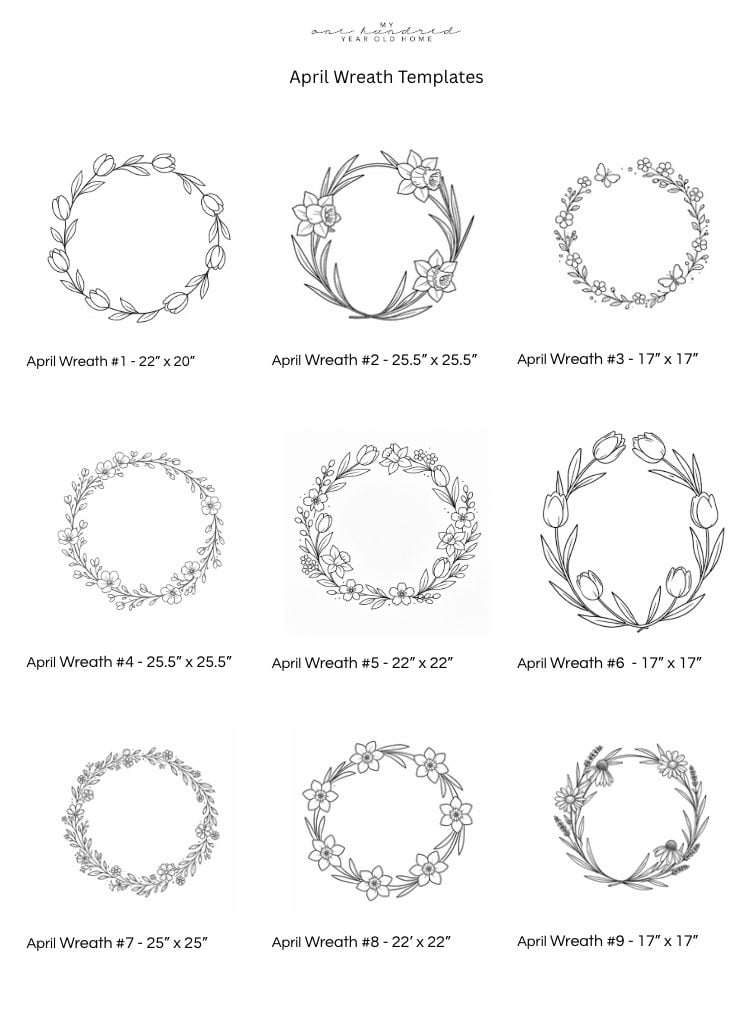 A 3x3 grid of nine black and white floral wreath templates, each with a different design and labeled with its corresponding size and number.